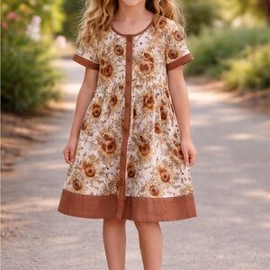 Millie Loves Lily Girls' Cream Sunflower Casual Dress with Brown Trim